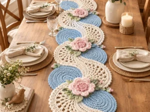 Floral Table Runner crochet , SEA and Land vibes